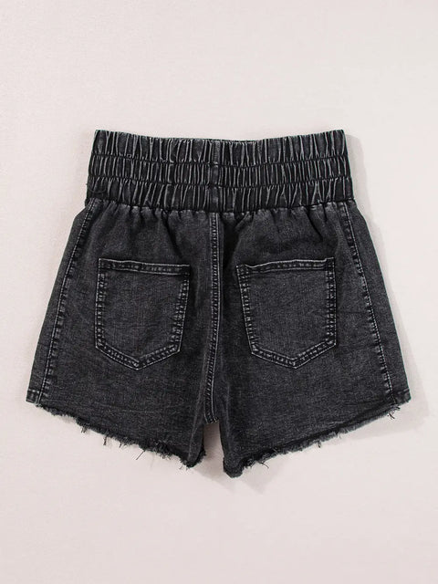 Smocked High Waist Washed Denim Shorts