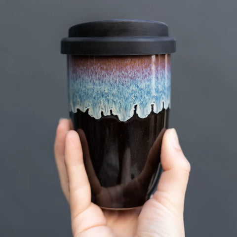 Handmade Monsoon Ceramic Mug – 12oz Reusable Cup with Lid