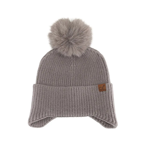 Earflap C.C Faux Fur Pom Beanie (Grey)