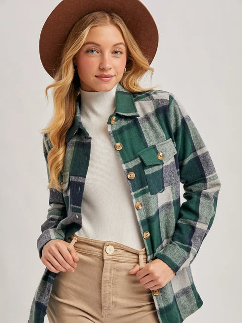 Green Flannel Plaid Shacket with Pockets