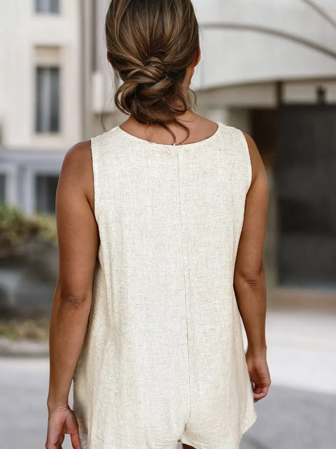 Linen V Neck Button Sleeveless Wide Leg Romper