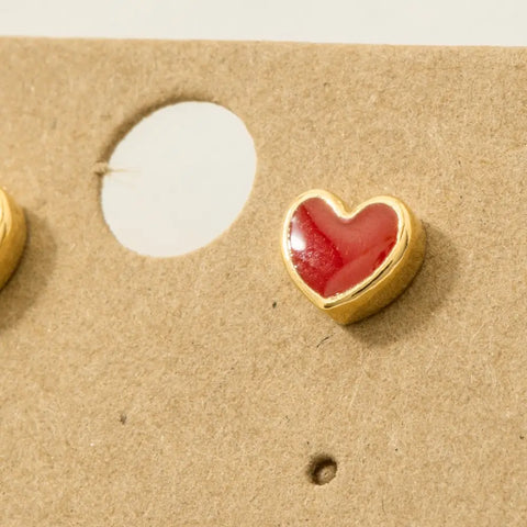 Gold Dipped Mini Red Enamel Heart Stud Earrings