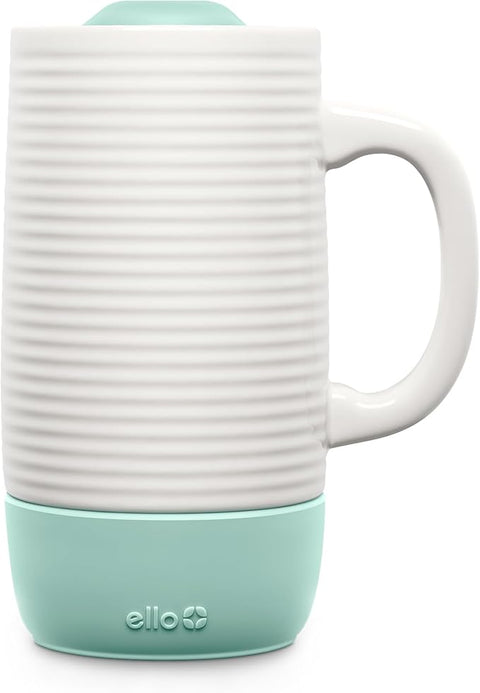 Ello Jane 18oz Ceramic Travel Mug with Handle, Splash-Resistant Slider Lid and Built-in Coaster