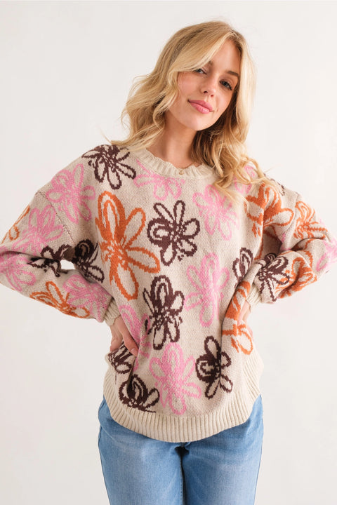 Scallop Edge Floral Print Sweater