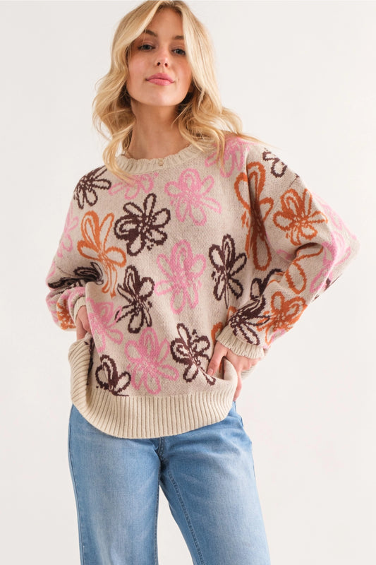 Scallop Edge Floral Print Sweater