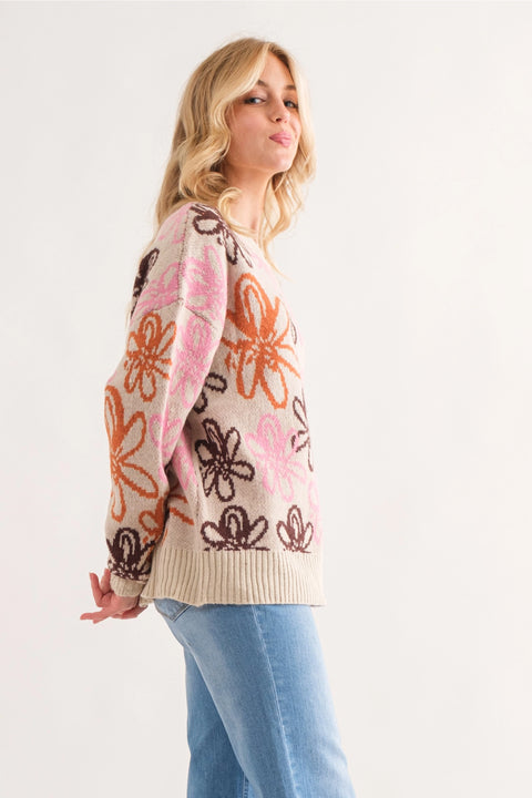 Scallop Edge Floral Print Sweater