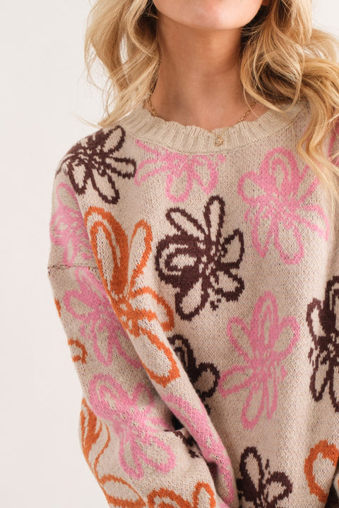 Scallop Edge Floral Print Sweater