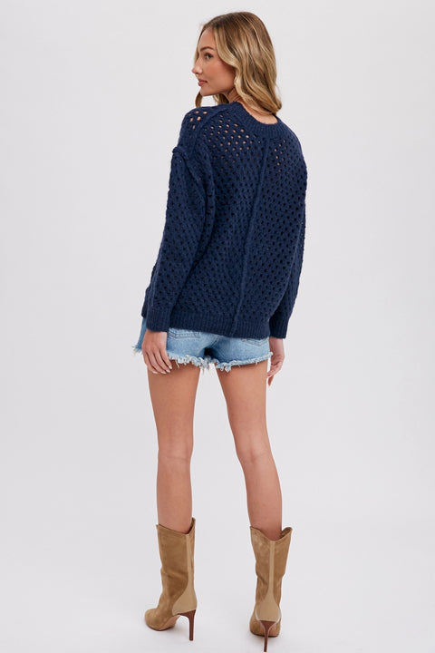 Open Knit Crew Neck Pullover
