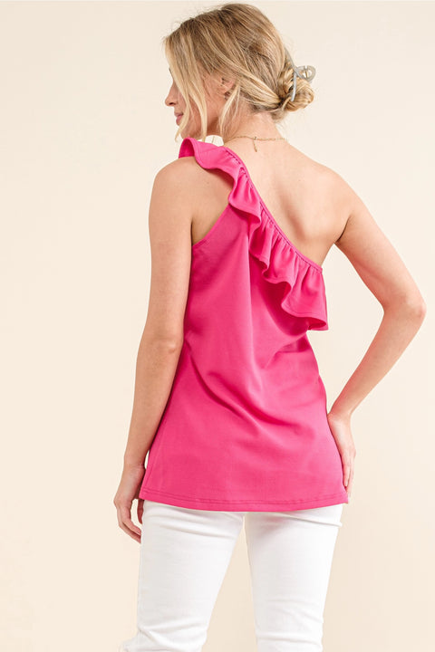 Magenta Ruffle One-Shoulder Tank