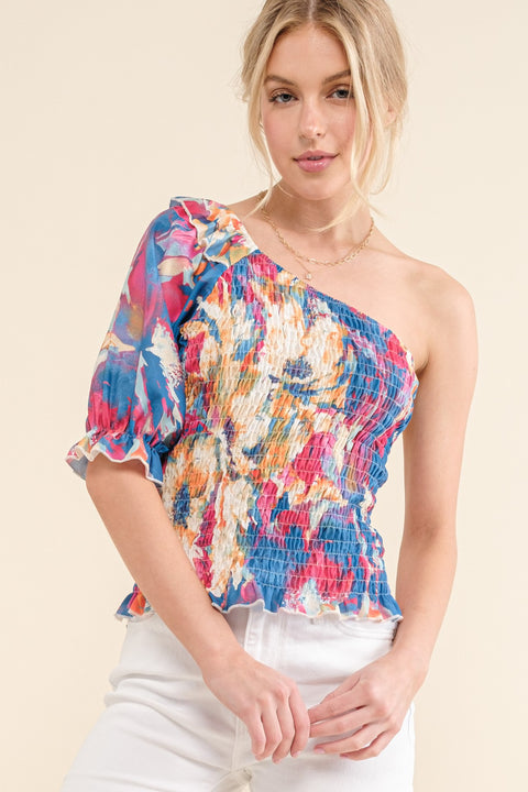 Floral Smocked One-Shoulder Blouse