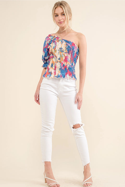 Floral Smocked One-Shoulder Blouse