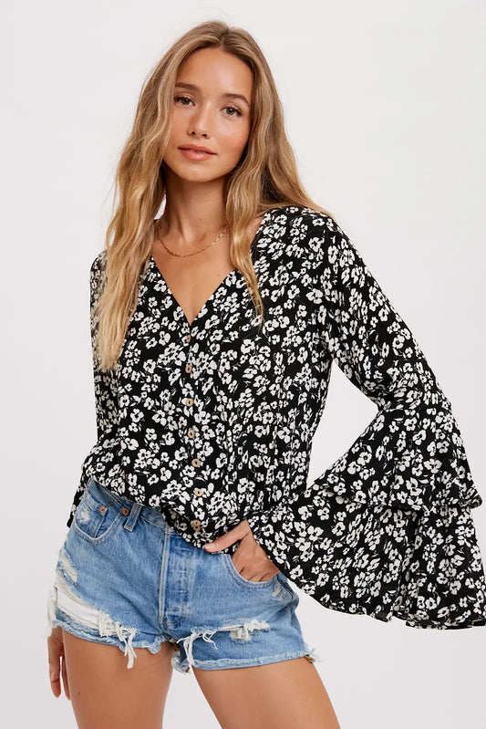 Ditsy Floral Bell Sleeves Blouse