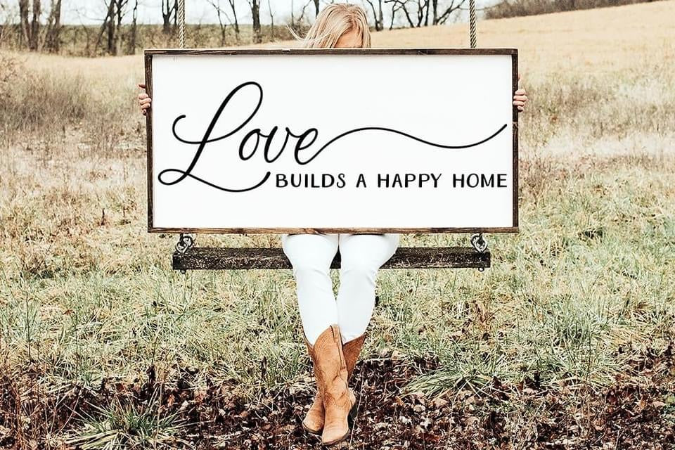 Love Builds A Happy Home Farmhouse Sign | Framed Farmhouse Sign