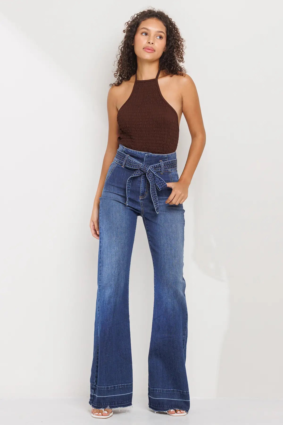 High Rise, Tie Belt Flare Jeans