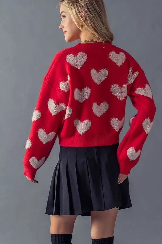 Heart Pattern Cropped Knit Sweater