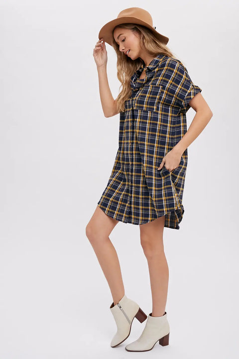 Plaid Button-Up Shirt Dress