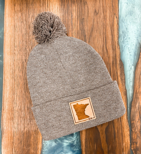 MN Leather Patch Pom Beanie