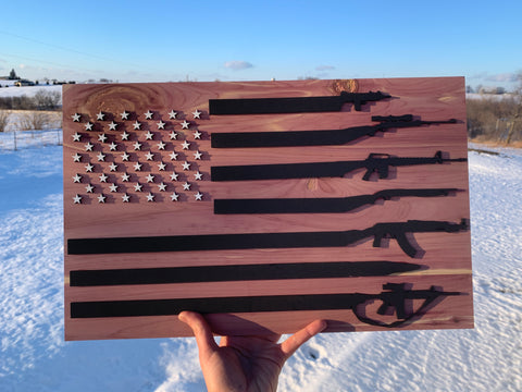 Gun Flag | Cedar Background | 3D Laser Cut American Flag With Guns