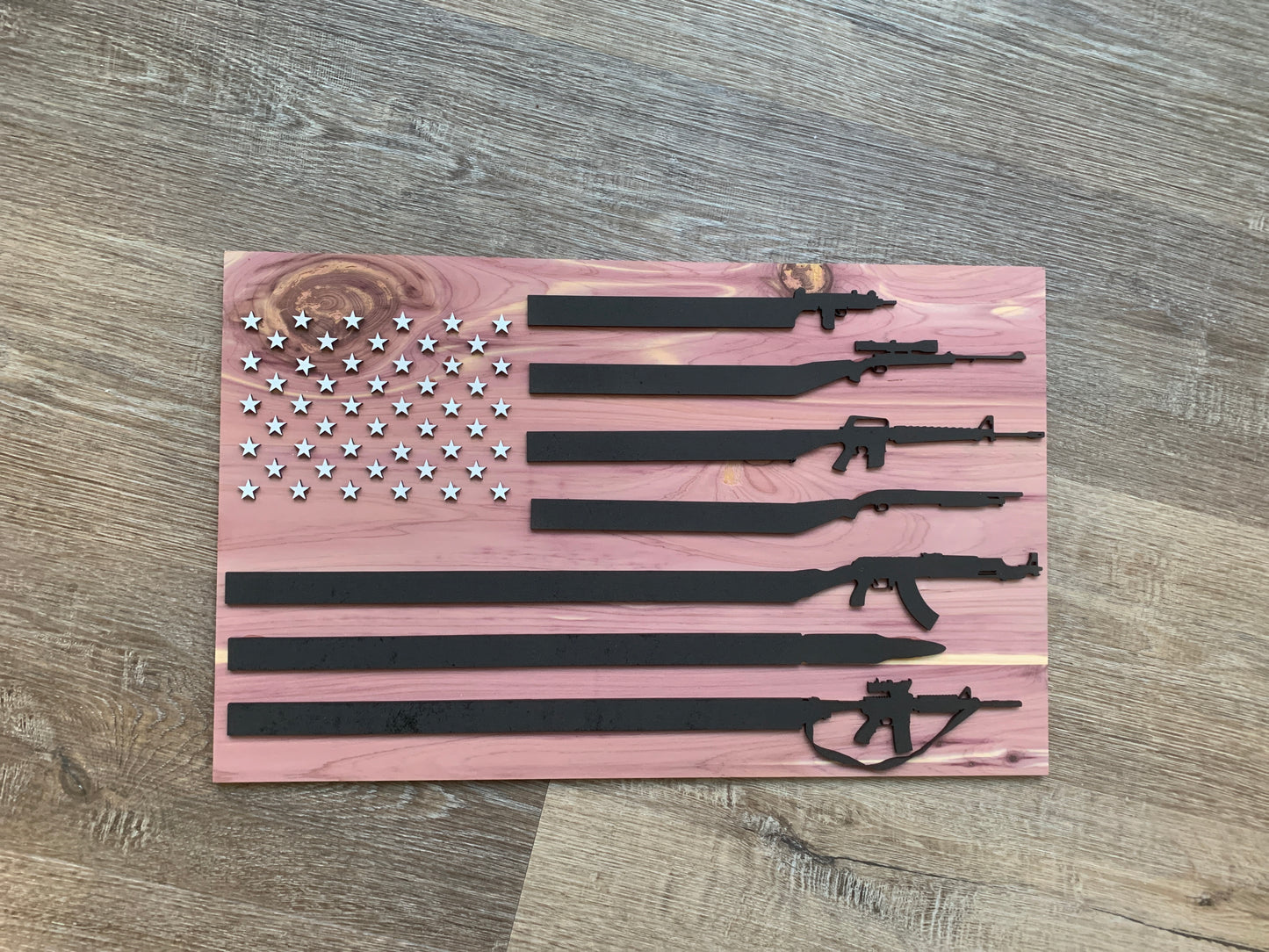 Gun Flag | Cedar Background | 3D Laser Cut American Flag With Guns