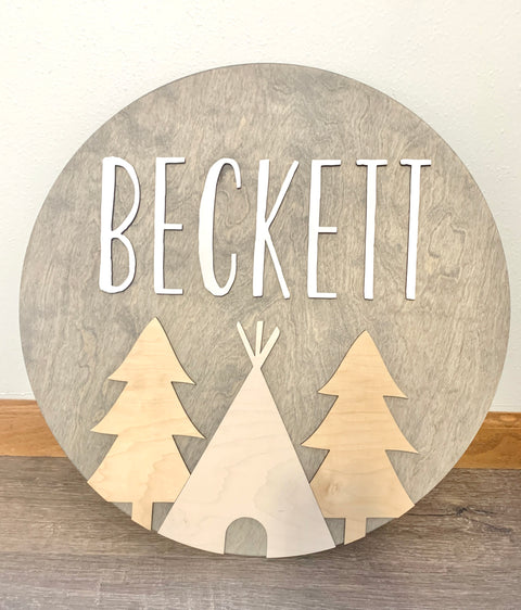Teepee and Trees Wooden Round | Kids Nursery Room Round Sign