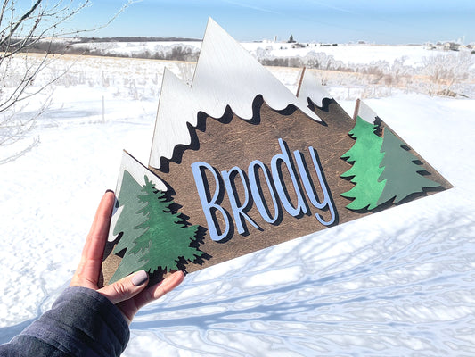Mountain Trees Snow Name Sign | Kids Bedroom Sign