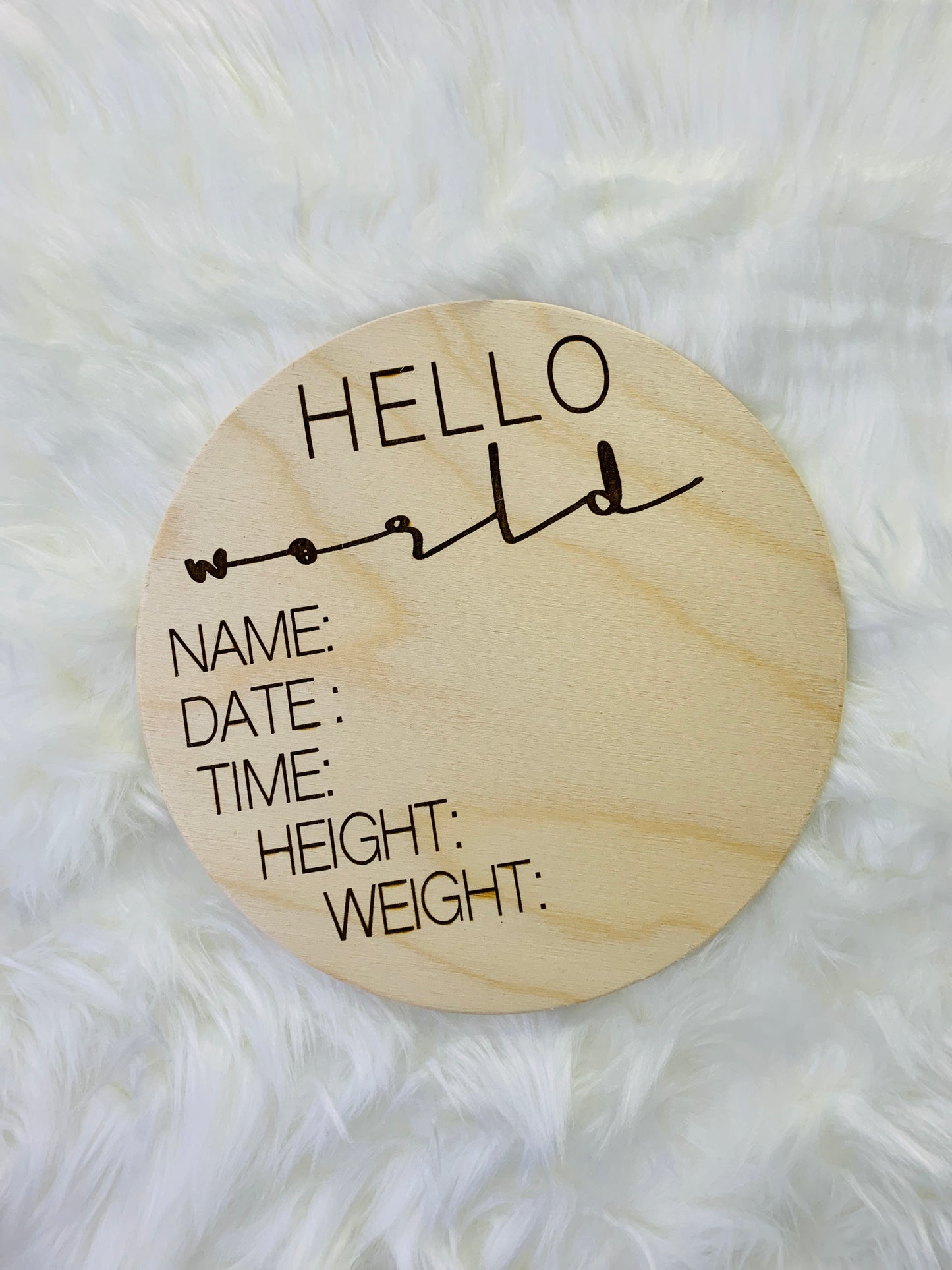 Hello World | Engraved Wood Baby Announcement