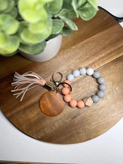 Silicone Beaded Keychain Wristlet (peach + marble + grey)