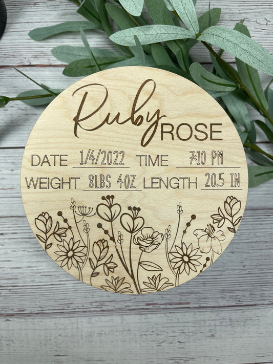 Floral Round Baby Birth Stats Tile