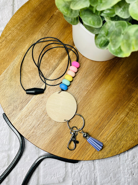 Beaded Lanyard With Wood Disc (rainbow tones)