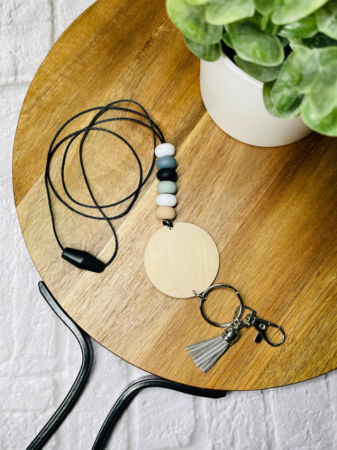 Beaded Lanyard With Wood Disc (dark tones)