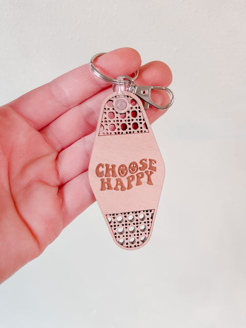 Choose Happy Retro Rattan Hotel Keychains