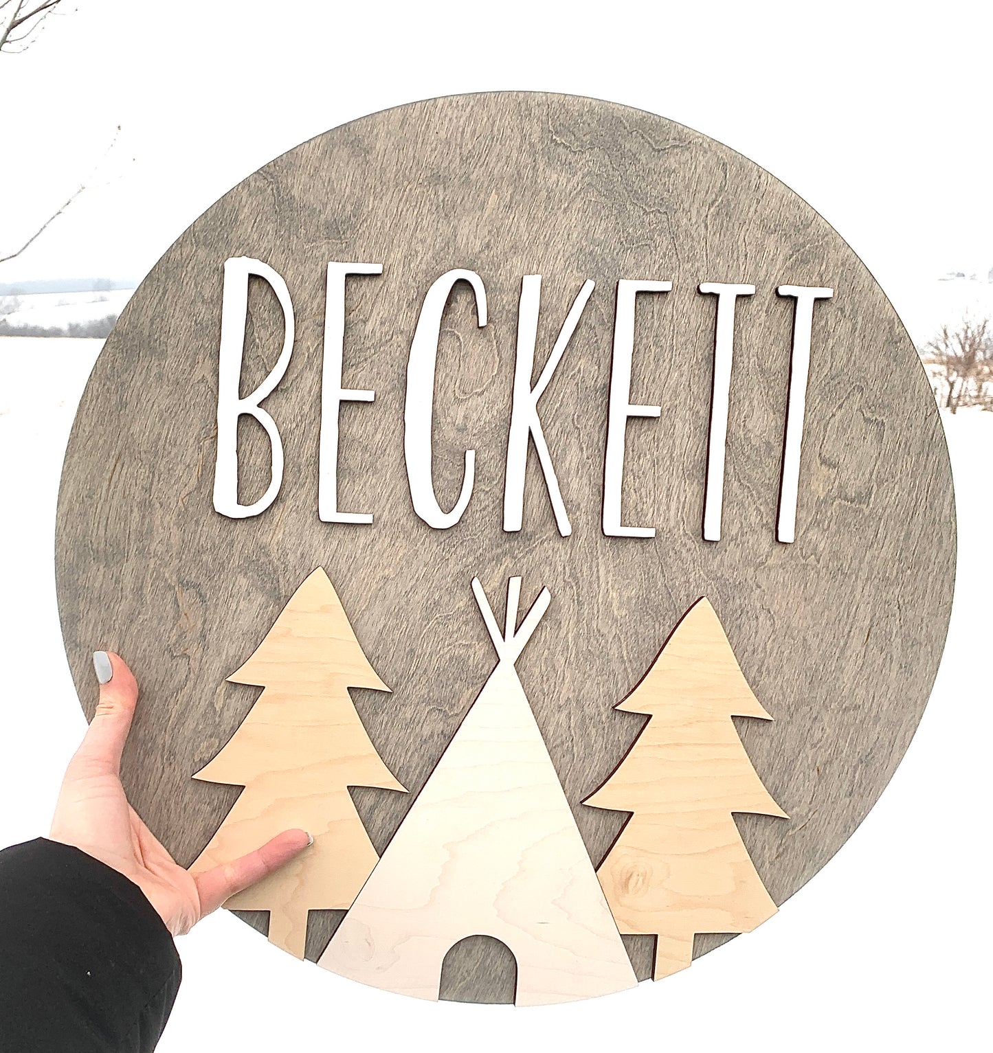 Teepee and Trees Wooden Round | Kids Nursery Room Round Sign