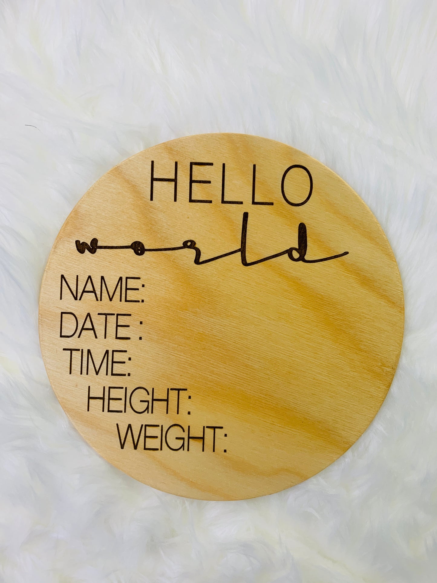 Hello World | Engraved Wood Baby Announcement