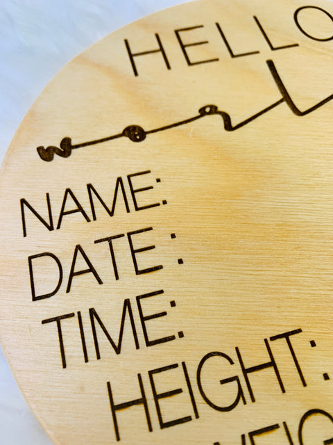 Hello World | Engraved Wood Baby Announcement