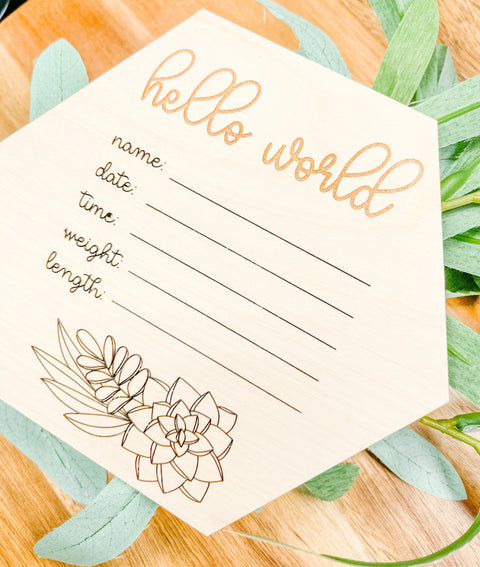 Hexagon Floral Hello World Baby Birth Stats Tile