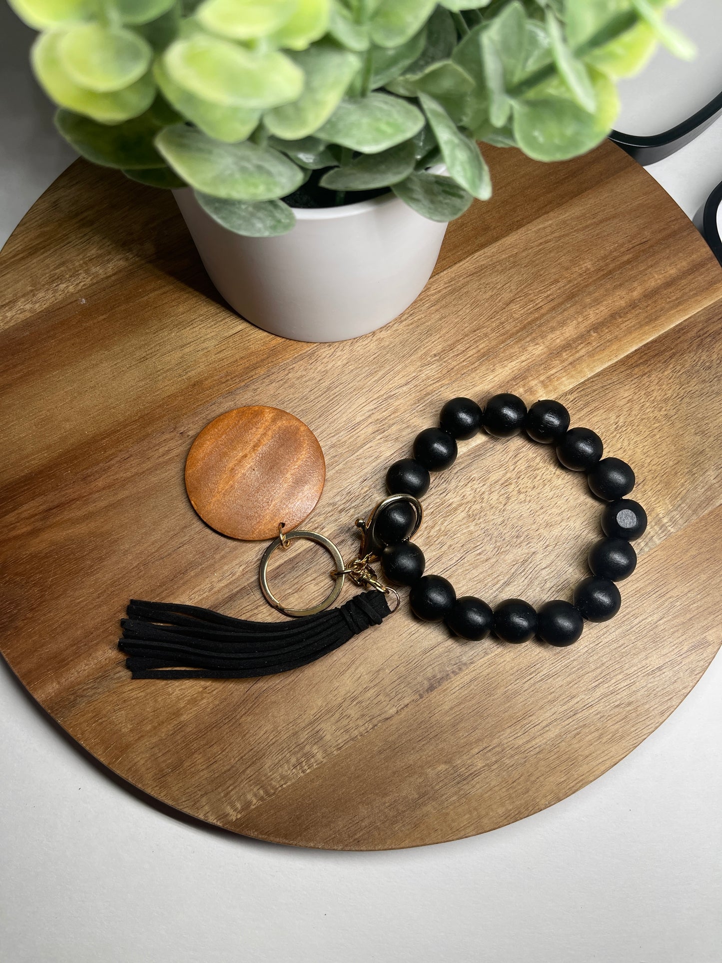 Wooden Bead Keychain Wristlet (black)