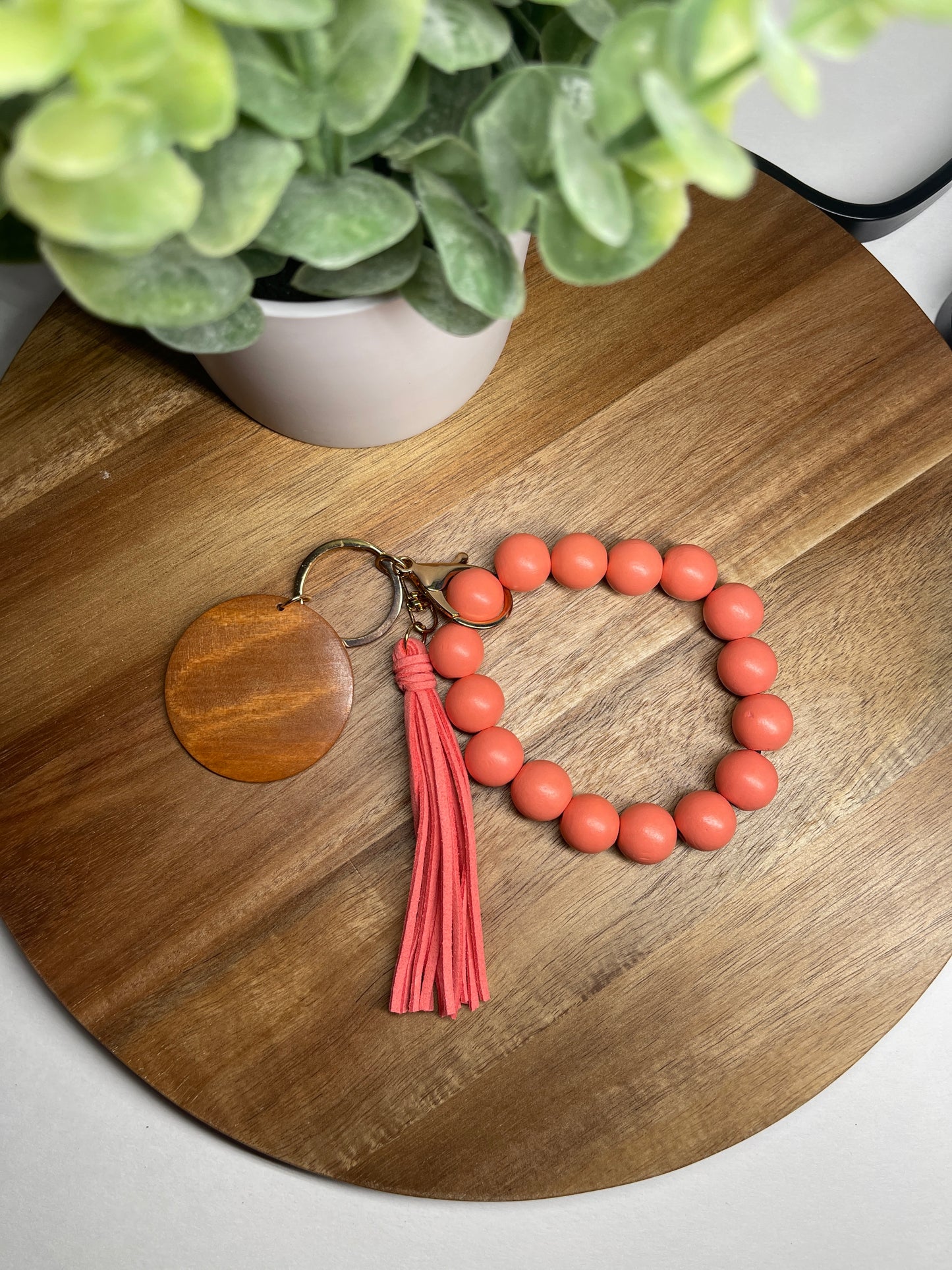 Wooden Bead Keychain Wristlet (coral)