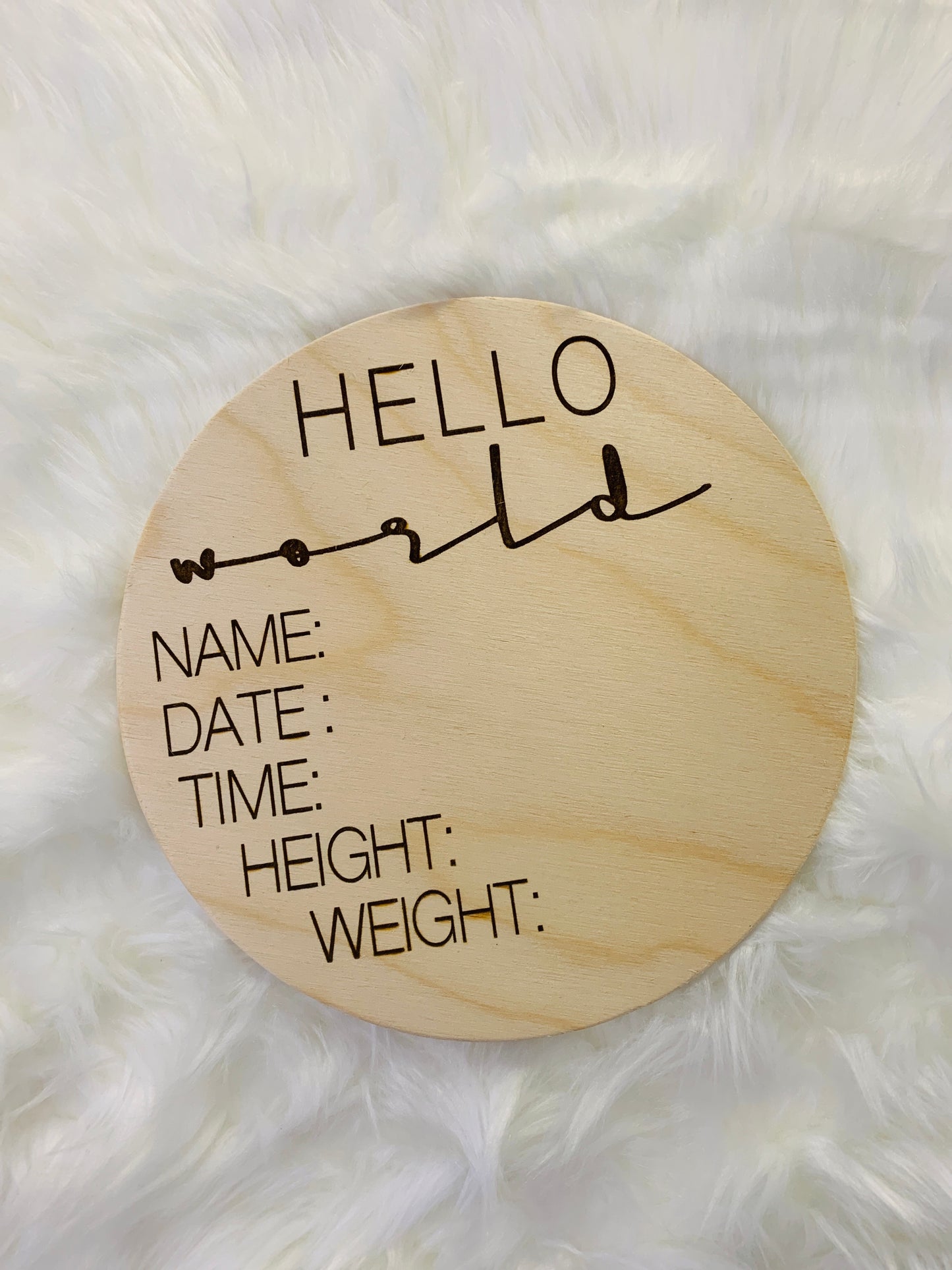 Hello World | Engraved Wood Baby Announcement
