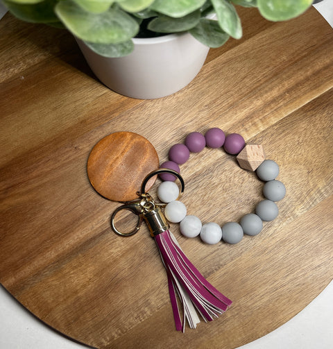 Silicone Beaded Keychain Wristlet (plum + marble + grey)